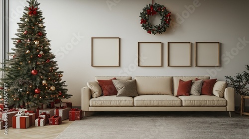 Cozy living room decor for Christmas. Festive tree with lights, gifts under. Beige couch with decorative pillows. Holiday wreath on wall. Empty frames add minimalist touch to seasonal design. Image photo