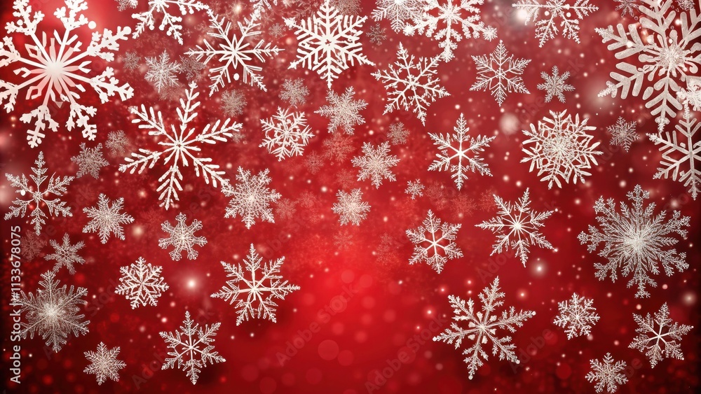 Snowflakes Falling on Red Background, winter wonderland, frosty atmosphere Snowflakes Falling on Red Background, winter wonderland, frosty atmosphere