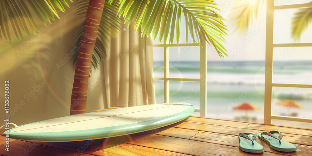 Obraz premium Digital Render: Surfboard, Flip-Flops, and Ocean View