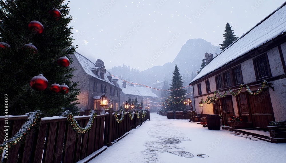 A serene winter village scene featuring snow-covered buildings, festive decorations, and a tranquil atmosphere. A serene winter village scene featuring snow-covered buildings, festive decorations, and a tranquil atmosphere.