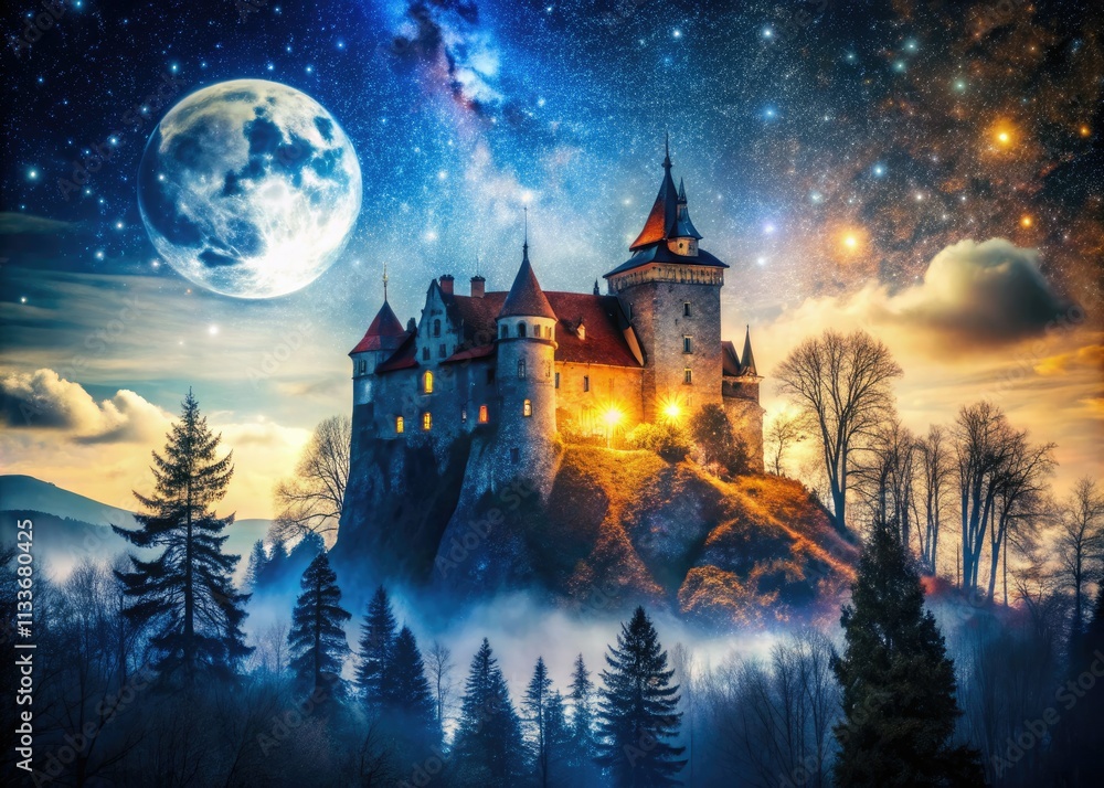 Bran Castle's night unveils a mystical double exposure, capturing Romanian landmark's ethereal beauty. Bran Castle's night unveils a mystical double exposure, capturing Romanian landmark's ethereal beauty.