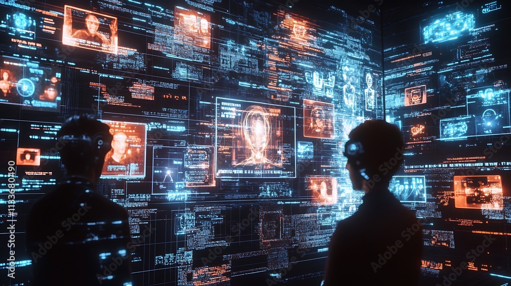 Two Silhouettes Gazing at a Wall of Digital Information Two Silhouettes Gazing at a Wall of Digital Information