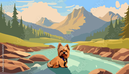Vector illustration of a dog sitting in the river. Mountain landscape with a dog.