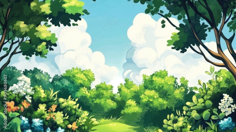 A whimsical landscape filled with greenery portrayed in delightful cartoon artwork. A whimsical landscape filled with greenery portrayed in delightful cartoon artwork.