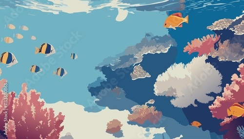 Underwater world with fish and corals. Vector illustration in flat style.