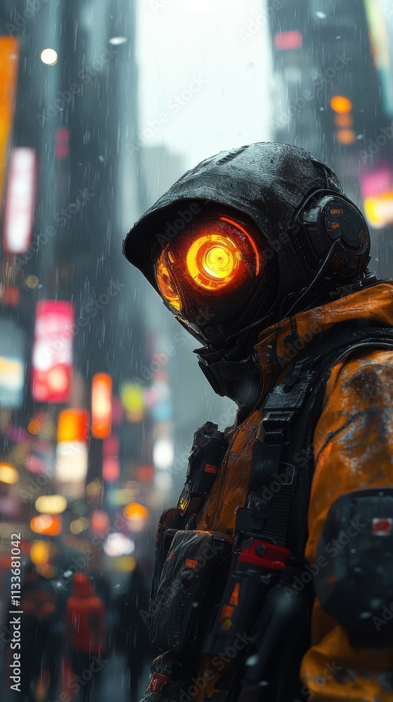 A figure in a futuristic suit stands in a vibrant, rain-soaked urban environment. A figure in a futuristic suit stands in a vibrant, rain-soaked urban environment.