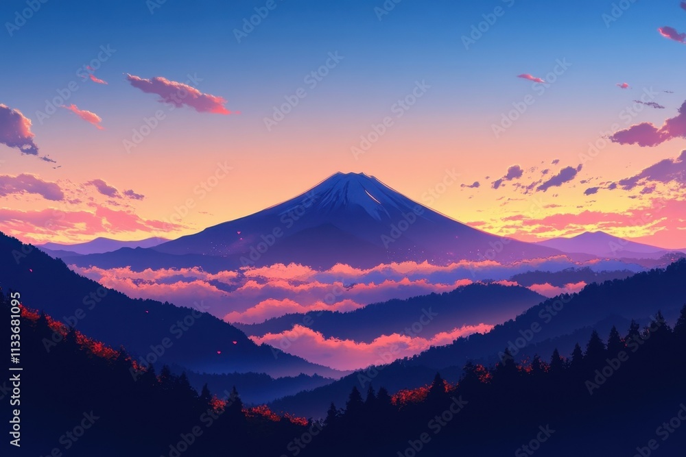 Silhouetted mountains create a striking landscape