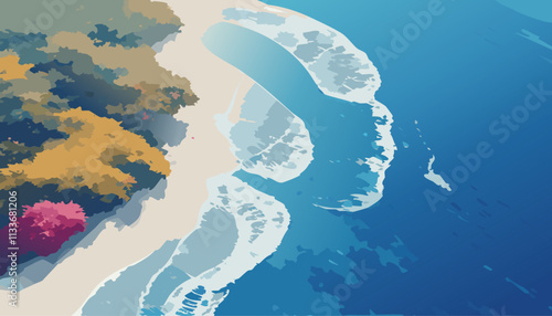 Seascape with sand dunes and seashore. Vector illustration.