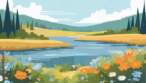 Landscape with river and flowers. Vector illustration in flat style.