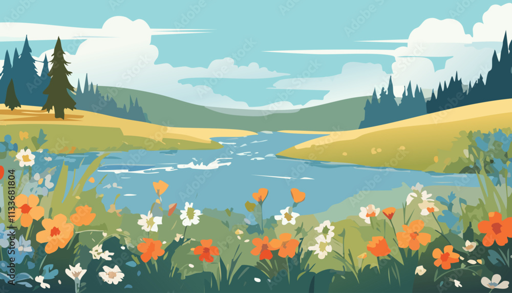Fototapeta premium Beautiful summer landscape with river and meadow. Vector illustration.