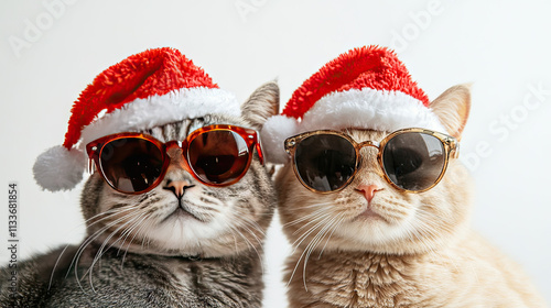 merry christmas, christmas concept, holiday, winter, funny animal pet greeting card with 4 cute cats in sunglasses and christmas hats playing hilariously, c4d style, realistic rendering, big red numbe