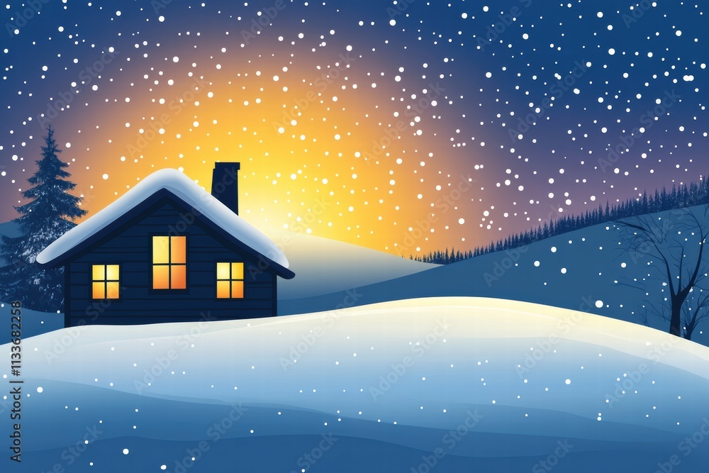 A cozy cabin blanketed in snow, glowing warmly against a twilight backdrop of falling snowflakes and distant hills. A cozy cabin blanketed in snow, glowing warmly against a twilight backdrop of falling snowflakes and distant hills.
