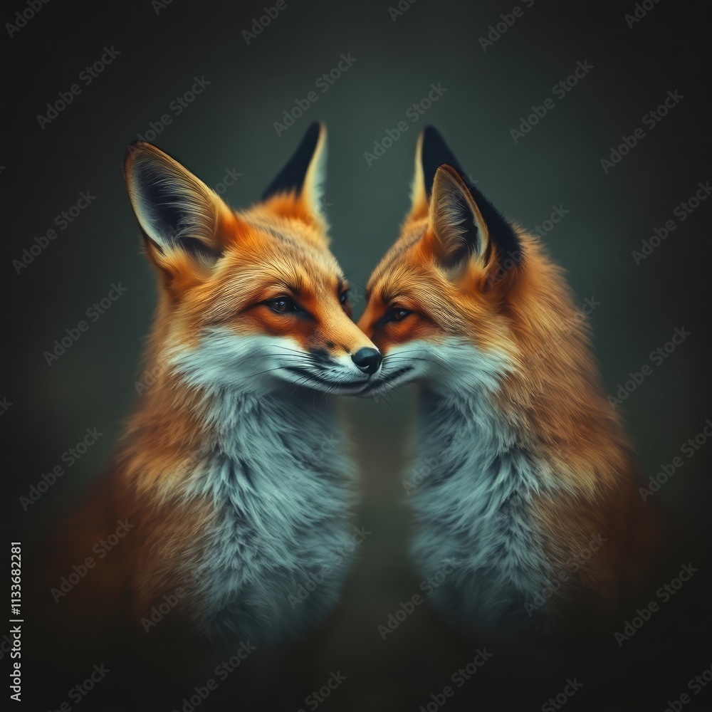 Obraz premium A charming fox couple gazes into each other's eyes in a dreamy forest ambiance, capturing the essence of love and connection on Valentine's Day