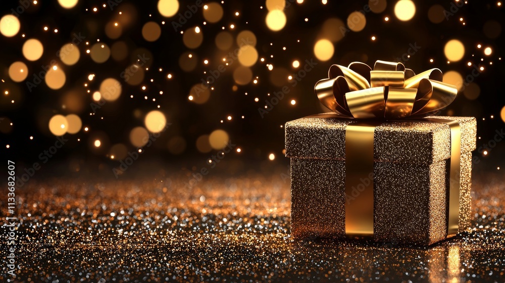 Stylishly wrapped gift box with festive ribbon, bokeh backdrop glowing warmly, perfect for digital art or celebratory greeting cards Stylishly wrapped gift box with festive ribbon, bokeh backdrop glowing warmly, perfect for digital art or celebratory greeting cards