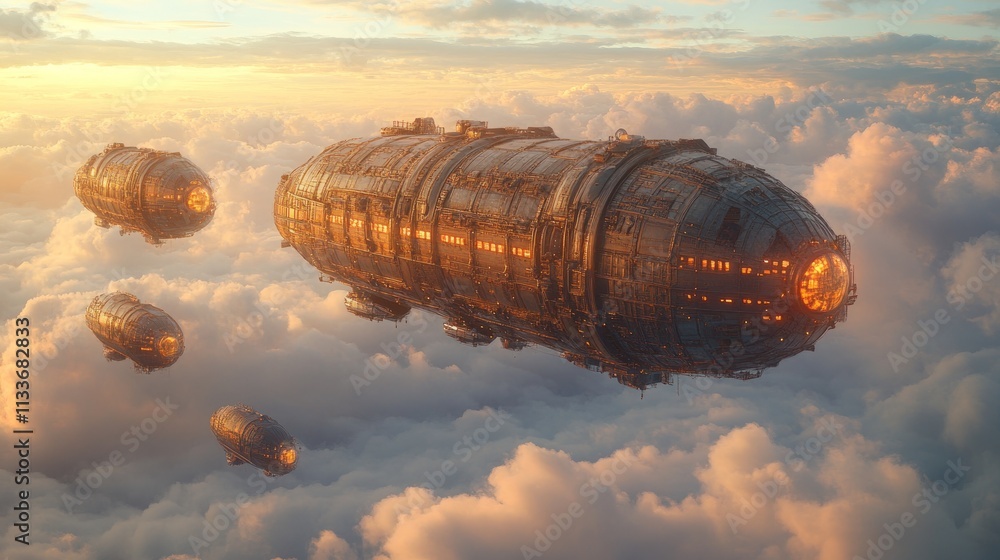 Obraz premium Spaceships fly above sunset clouds.