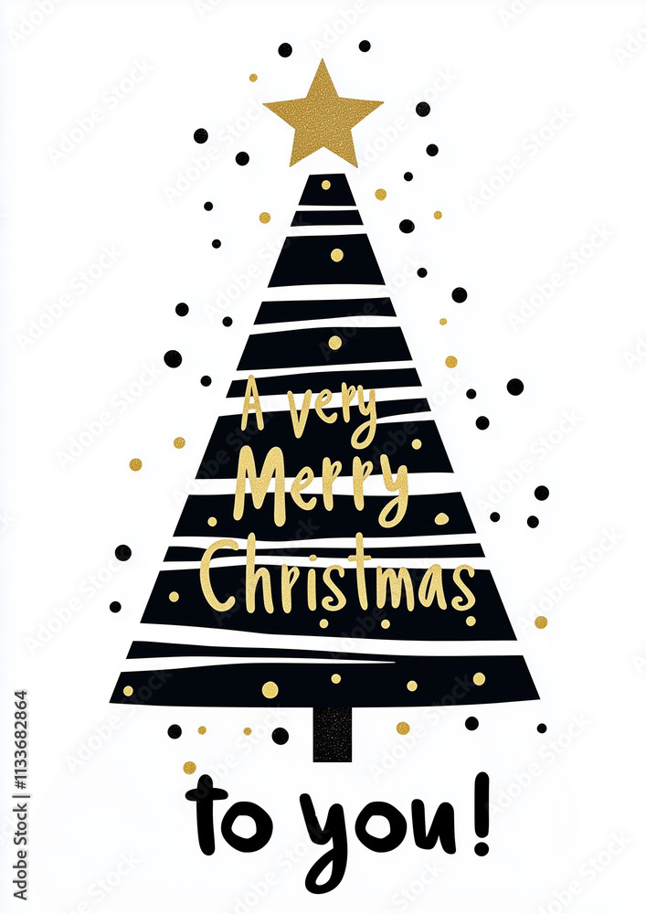 Fototapeta premium A Christmas card with a white background, featuring black stripes and dots forming the shape of a Christmas tree, and the text 
