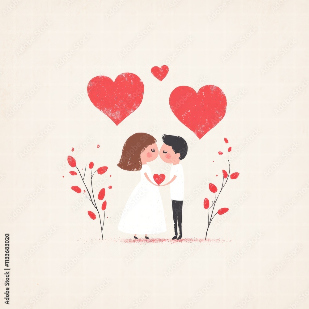 A charming of a couple exchanging love, surrounded by hearts and floral elements, perfect for romantic themes. A charming of a couple exchanging love, surrounded by hearts and floral elements, perfect for romantic themes.