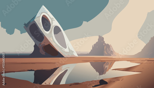 Alien spaceship in the desert. Vector illustration of an alien spaceship.