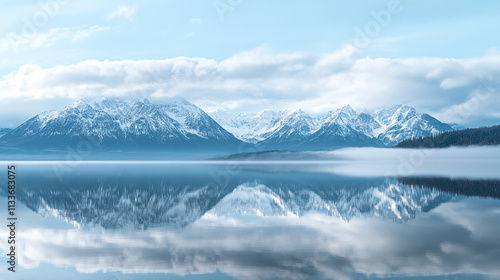 Snow-capped mountains reflect on a tranquil lake under a clear blue sky