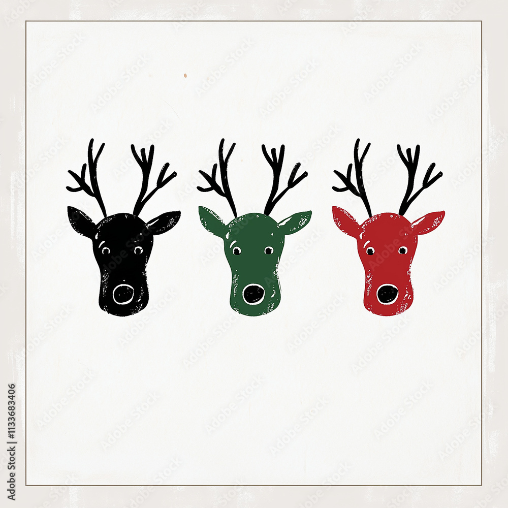 Cute, simple line drawing of three Christmas reindeer heads in a minimalistic style, on a white background with simple lines and color. Cute, simple line drawing of three Christmas reindeer heads in a minimalistic style, on a white background with simple lines and color.