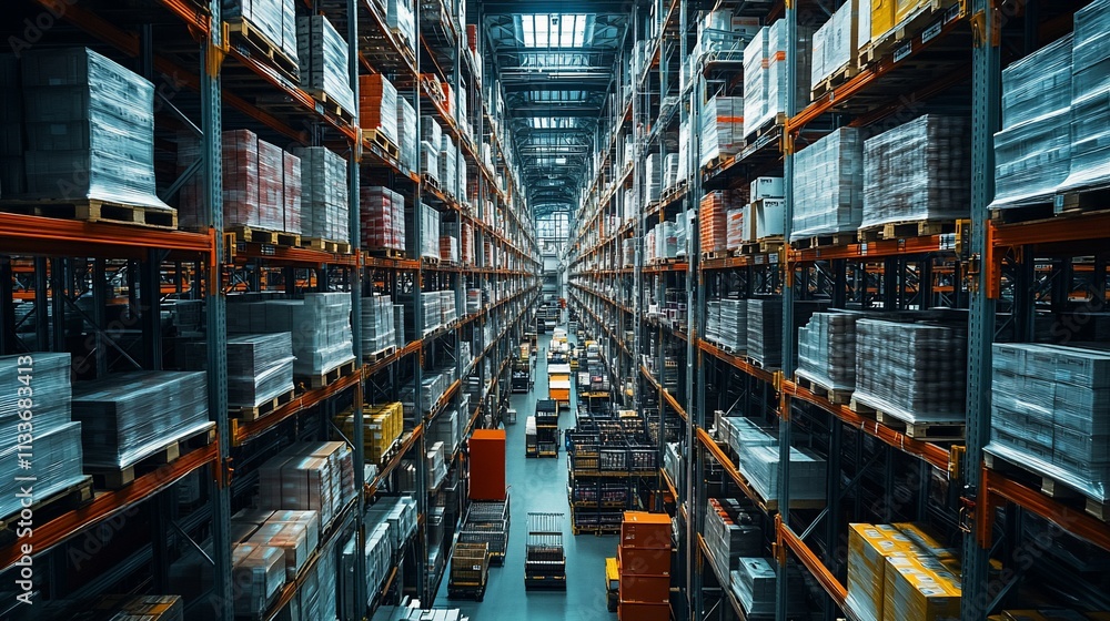 A spacious warehouse filled with organized pallets and products. A spacious warehouse filled with organized pallets and products.