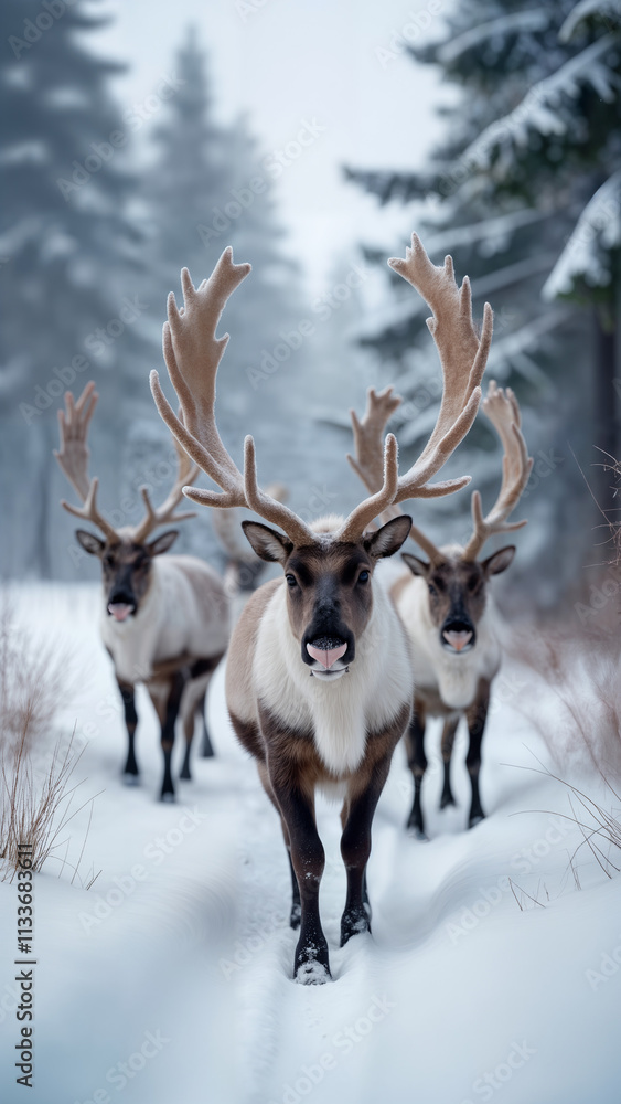 Reindeer in a Snowy Boreal Forest Reindeer in a Snowy Boreal Forest