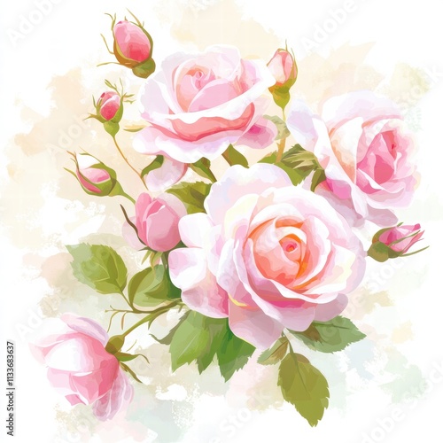 Beautiful pink roses arranged elegantly, showcasing delicate petals and vibrant green leaves in a soft pastel background.