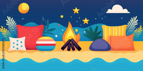 A cozy campfire scene by the beach with colorful cushions, stars, and a serene ocean backdrop, perfect for relaxation and gatherings. photo