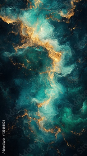 A vibrant abstract representation of cosmic clouds in teal and gold hues.