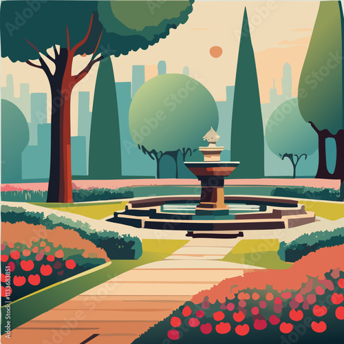Beautiful park in the city. Vector illustration in flat style.