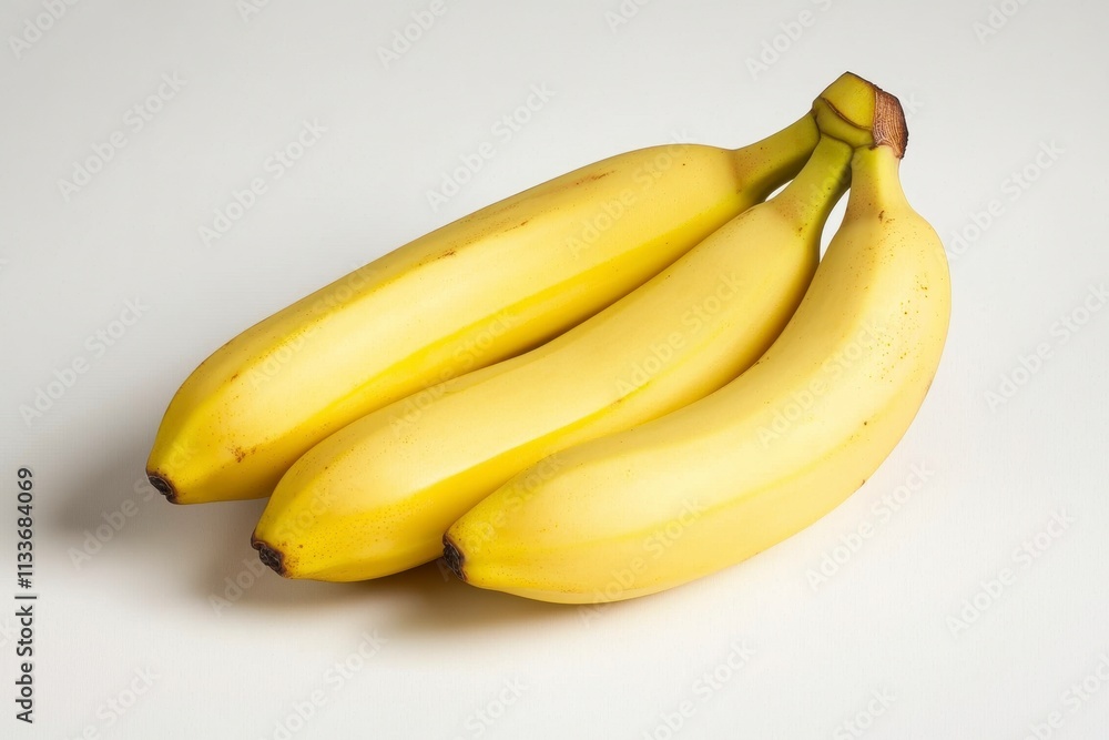 Three ripe yellow bananas clustered together on a white background. Three ripe yellow bananas clustered together on a white background.