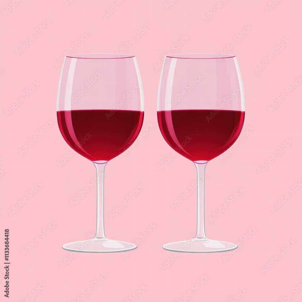 Two elegant wine glasses filled with rich red wine, set against a soft pink background, perfect for celebrations. Two elegant wine glasses filled with rich red wine, set against a soft pink background, perfect for celebrations.