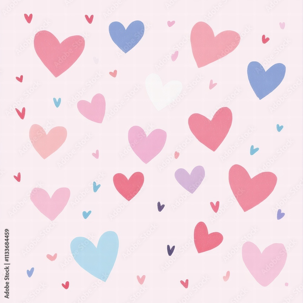 A whimsical pattern of colorful hearts on a pastel pink background, perfect for romantic or festive designs. A whimsical pattern of colorful hearts on a pastel pink background, perfect for romantic or festive designs.