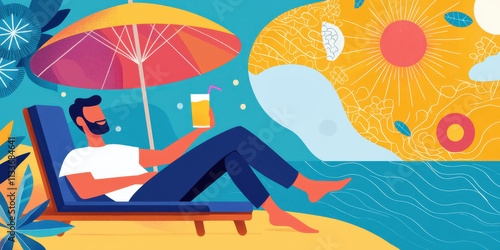 A relaxed man enjoys a drink under a colorful umbrella on the beach, surrounded by vibrant scenery and ocean waves.