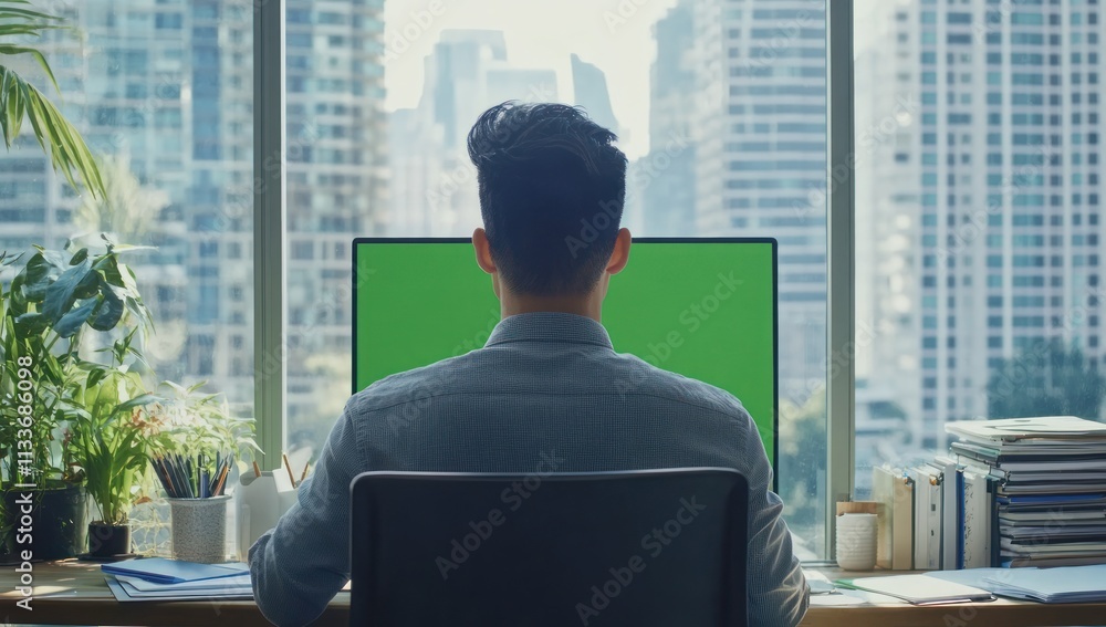 Man working at desk with green screen computer, city view. Man working at desk with green screen computer, city view.
