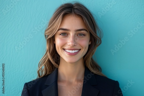 Friendly and approachable professional portrait of a young woman smiling against a vibrant teal background. Perfect for themes of career success, business, and diversity.