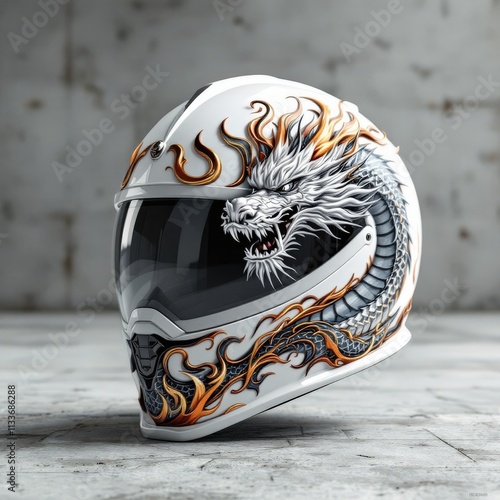 3D White motorcycle helmet with bold dragon and flame graphics, reflecting power and passion, ideal for fantasy-themed events. photo