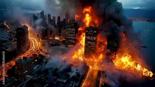 a fire  and  buildings  in New York City, taken from a helicopter.
