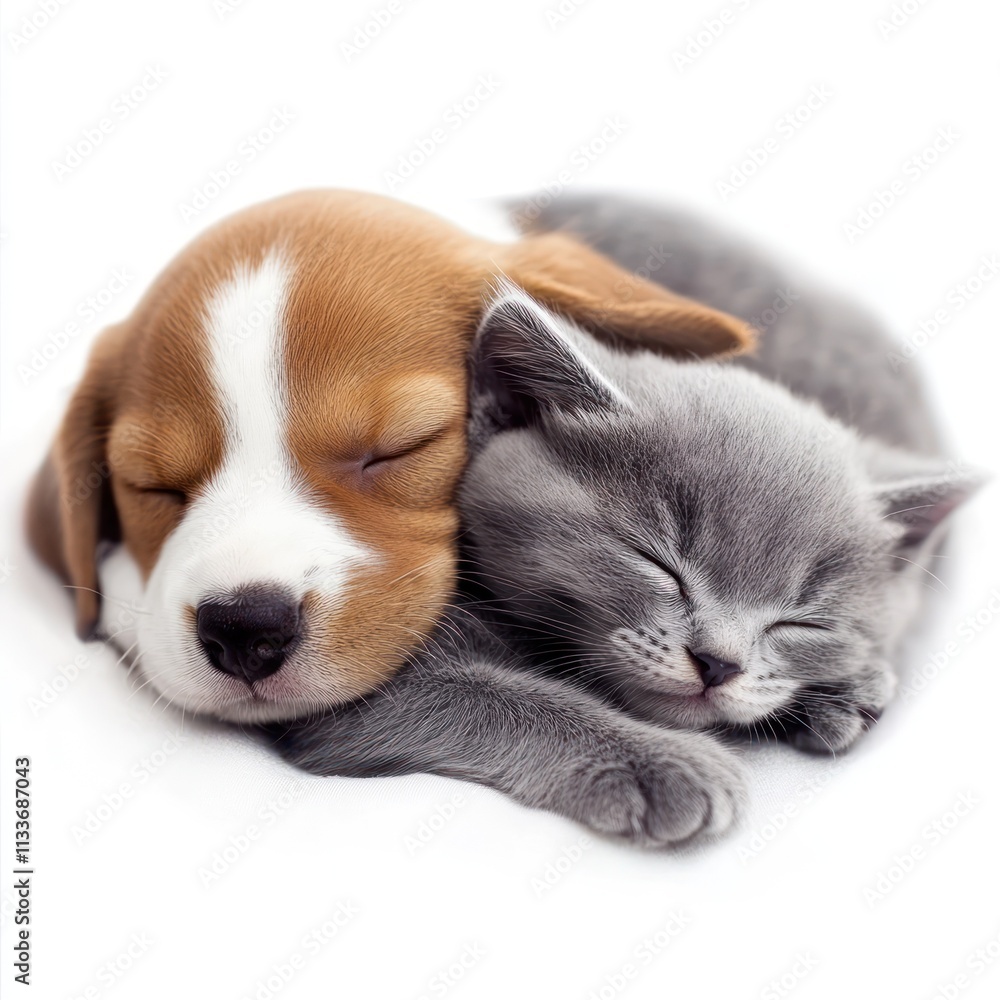 Sleeping puppy and kitten cuddling. Sleeping puppy and kitten cuddling.