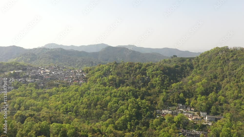 Aerial view of the tea hill and villages near west lake in Hangzhou Zhejiang province China. High quality 4k footage Aerial view of the tea hill and villages near west lake in Hangzhou Zhejiang province China. High quality 4k footage