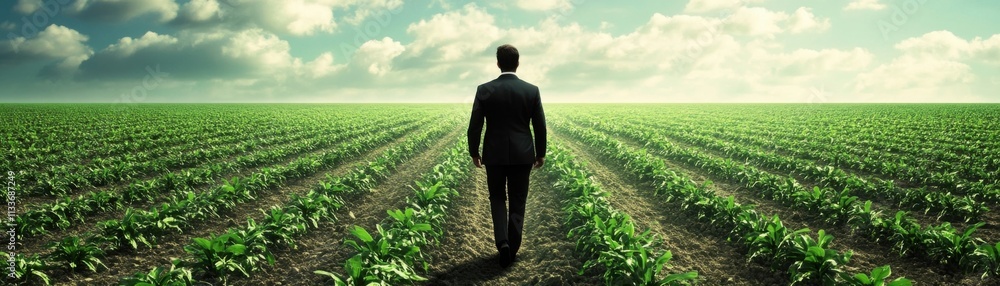 Businessman walking, green field, cloudy sky. Businessman walking, green field, cloudy sky.