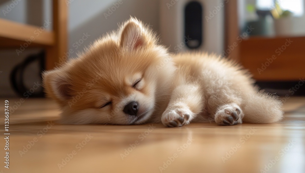 Adorable fluffy Pomeranian puppy sleeping peacefully on a wooden floor. Adorable fluffy Pomeranian puppy sleeping peacefully on a wooden floor.