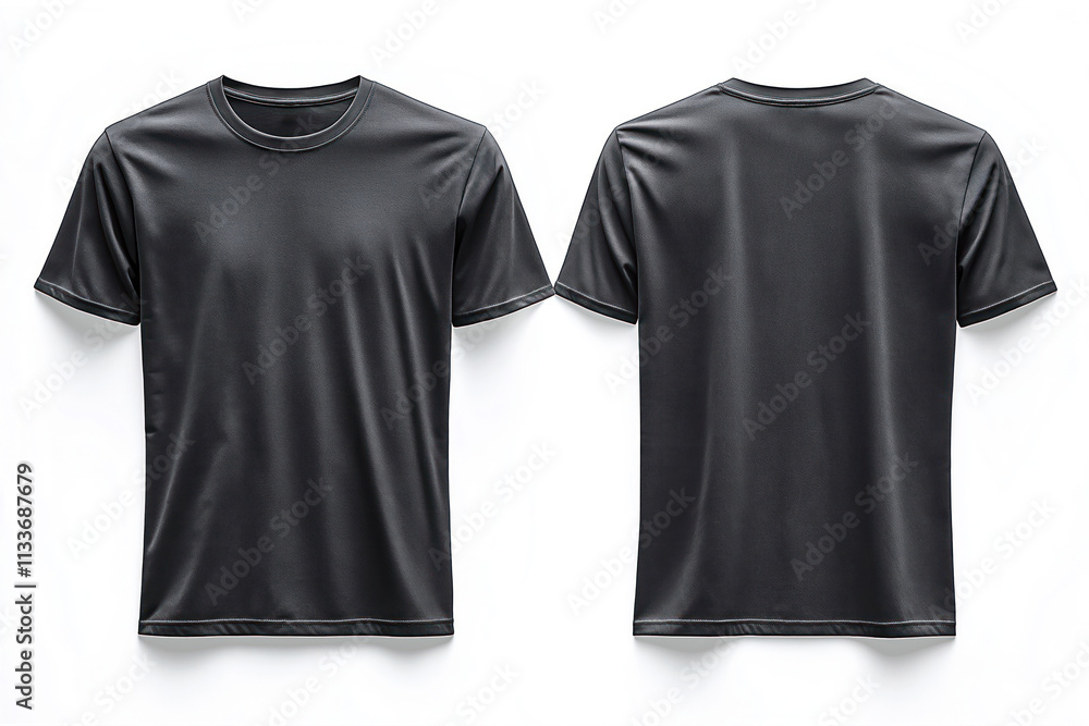 Dark gray t-shirt mockup front, back views on white background. Blank template ready for design. Versatile image for apparel designers brand marketing. Useful for print ideas digital illustrations. Dark gray t-shirt mockup front, back views on white background. Blank template ready for design. Versatile image for apparel designers brand marketing. Useful for print ideas digital illustrations.