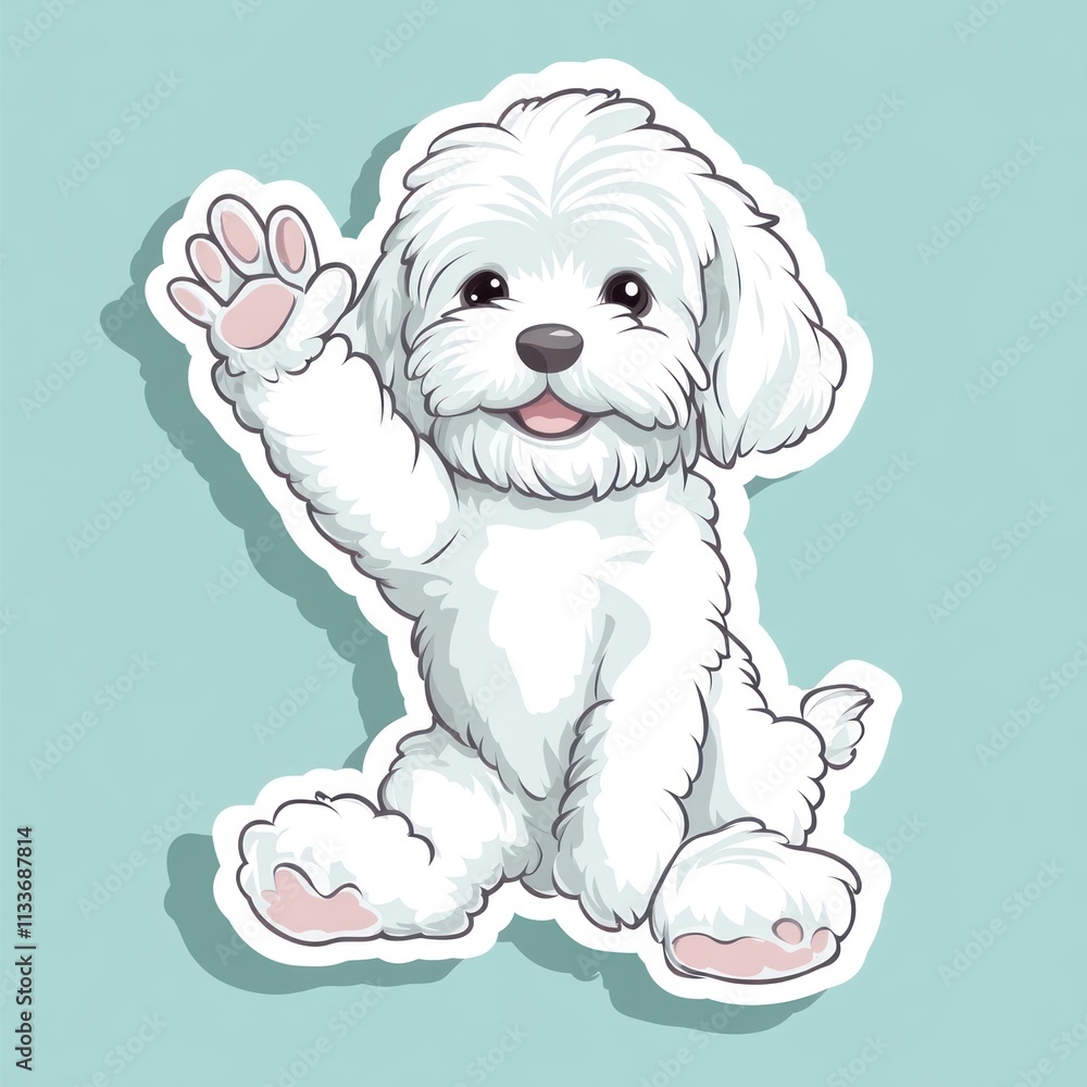Adorable white puppy sitting and waving paw. Adorable white puppy sitting and waving paw.