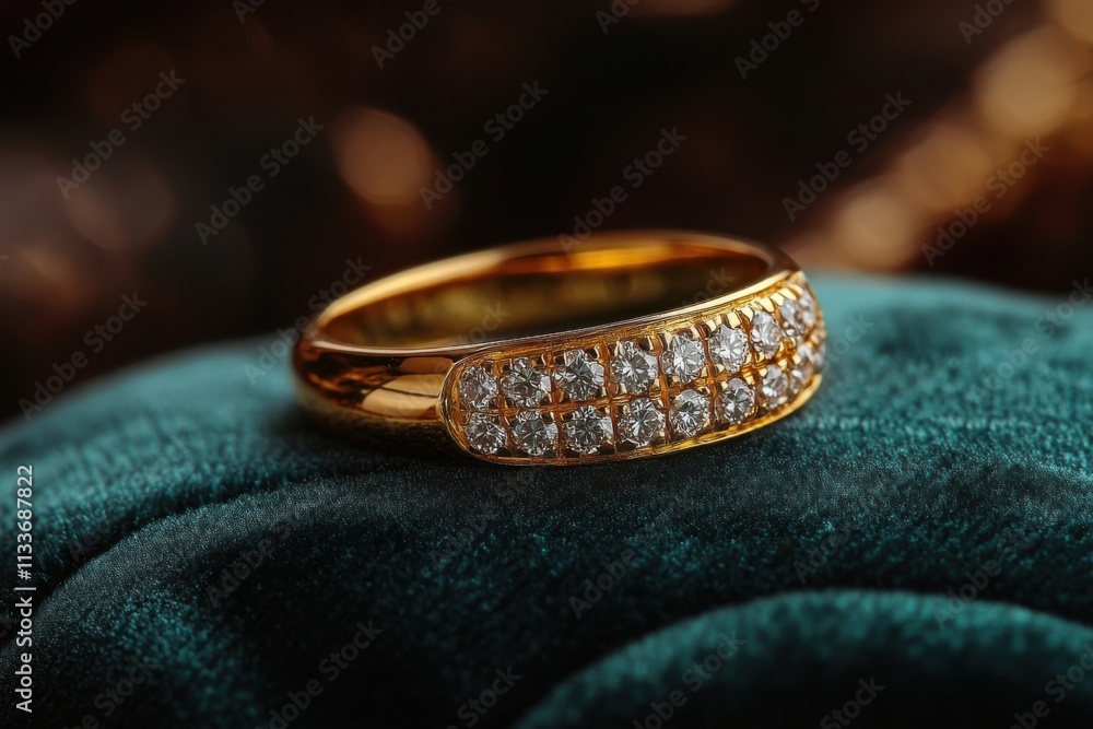 Gold ring, diamonds, velvet; no people Gold ring, diamonds, velvet; no people