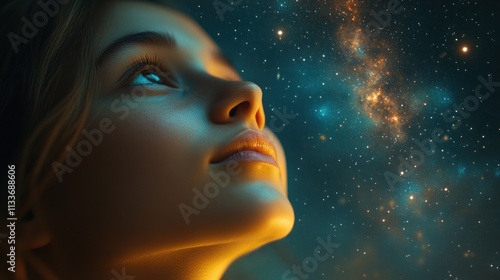 Celestial Dreams: A Young Woman Gazes at the Night Sky, Illuminated by the Milky Way's Majestic Glow