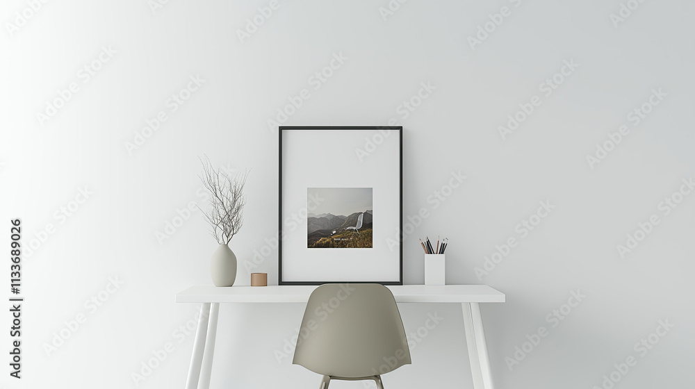 Minimalist white desk with framed photo, simple chair, empty wall for text/art. Clean, modern office setup for high-res photography, ideal for creative projects and interior design. Minimalist white desk with framed photo, simple chair, empty wall for text/art. Clean, modern office setup for high-res photography, ideal for creative projects and interior design.