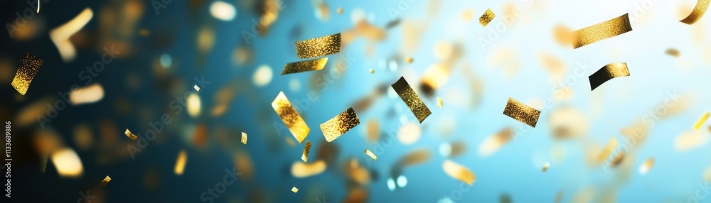 Gold confetti floats, blue backdrop. Joyful. Gold confetti floats, blue backdrop. Joyful.
