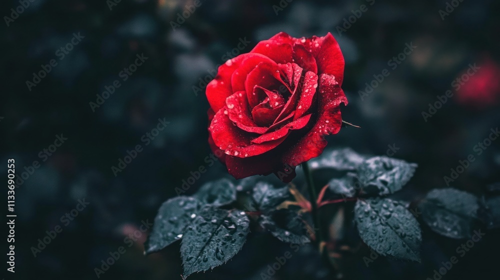 Single red rose with water droplets on petals and leaves, dark moody background. Single red rose with water droplets on petals and leaves, dark moody background.