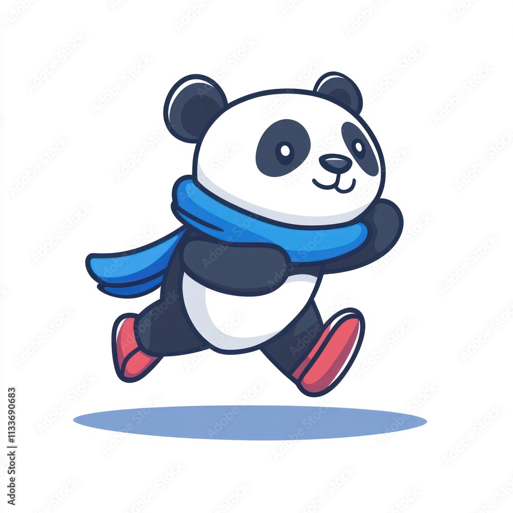 Cute panda bear wearing scarf and shoes running.